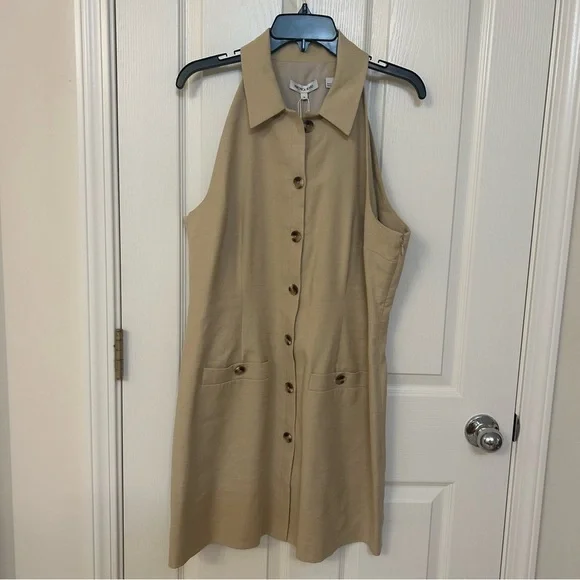 Veronica Beard Roxanne Linen Blend Button-Up Minidress in Stone Khaki Size 14